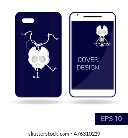 Concept design cover mobile smartphone with funny cat skeleton in cartoon style isolated on white background. Vector illustration