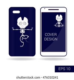 Concept design cover mobile smartphone with funny cat skeleton in cartoon style isolated on white background. Vector illustration