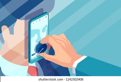 Concept design of crop politician muting volume of man in smartphone due to censorship