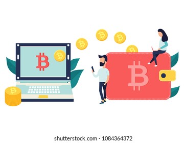 Concept design of cryptocurrency technology, bitcoin exchange, bitcoin mining, mobile banking. Man and girl relocating bitcoins into money box