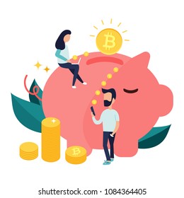 Concept design of cryptocurrency technology, bitcoin exchange, bitcoin mining, mobile banking. Man and girl relocating bitcoins into money box