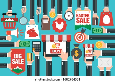Concept design Easter sale flat, with laptop,smartphone online shopping. Vector illustration