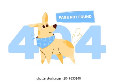 Concept design of an empty state on a web page. Error 404, page not found. Something went wrong, technical work. Vector flat illustration with a cute dog in a headscarf.