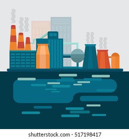 Concept design factory. Vector illustration: factory in the city. Industrial landscape with buildings.