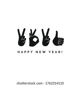 Concept design with fingers. Happy New Year 2021 logo text design. Sign of Victory and sign of OK. Freedom, good, peace, excellent, like. Best wishes. Unusual modern presentation. Great ides.