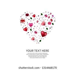 concept design with heart shape from gift box, heart balloons, rose, love icons on white background