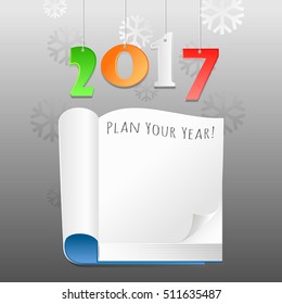 Concept design illustration. Planning new life with a first day of new 2017 year. Vector illustration of an open paper note pad isolated on grey background with snowflakes and hanging numbers: 2017.