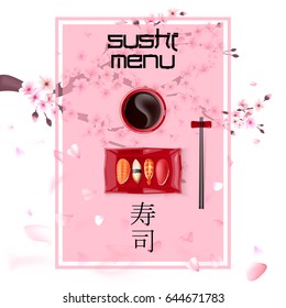 Concept design of the invitation sushi restaurant. Vector illustration texture of a sakura. Chopsticks, Japanese hieroglyph "Sushi", soy sauce. Vector