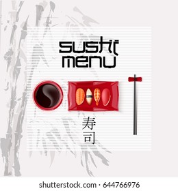 Concept design of the invitation sushi restaurant. Vector illustration texture of a bamboo. Chopsticks, Japanese hieroglyph "Sushi", soy sauce