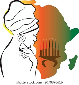 Concept design  for Kwanzaa with African women and silhouette of Africa continent in black, red, green colores. African American cultures festival. Vector illustration. Fictional character