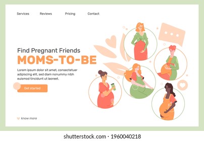 Concept design of the landing page of the service for communication of pregnant women. Community of expectant mothers. Tips about childbirth and parenthood. Vector flat illustration.