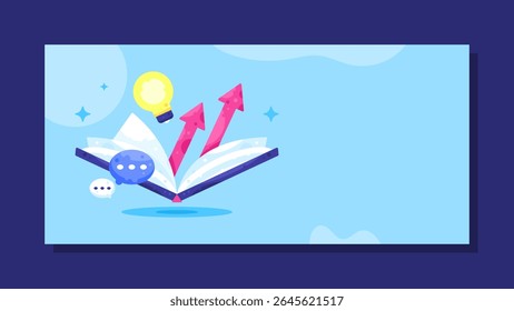 um design conceitual de aprendizado e aprimoramento de banner. leitura de livros para aumentar o conhecimento. aprendizado para o futuro. ilustração de livro aberto e inteligente. fundo horizontal azul. estilo plano