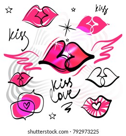Concept design with lips, wings and text kiss and love. Fashion element for advertising beauty blog, salon, boutique, shop.