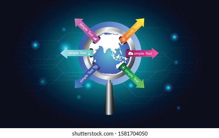 Concept design magnifier to observe cloud computer technology. with Vector white icon and text on circle world business symbol for infographics. Sharing interface.