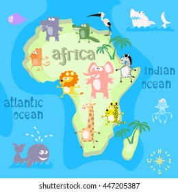 Concept design map of african continent with animals drawing in funny cartoon style for kids and preschool education. Vector illustration