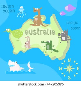 Concept design map of australian continent with animals drawing in funny cartoon style for kids and preschool education. Vector illustration