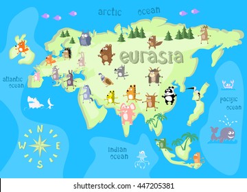 Concept design map of eurasian continent with animals drawing in funny cartoon style for kids and preschool education. Vector illustration