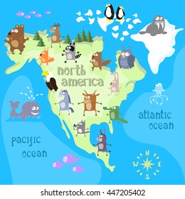 Concept design map of north american continent with animals drawing in funny cartoon style for kids and preschool education. Vector illustration