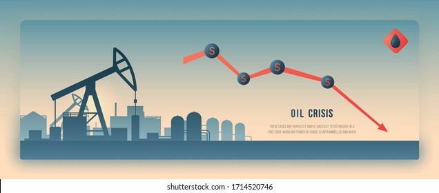 Concept design of the oil industry. Oil price drops down. Vector Oil factory silhouette for websites, banners, site header, etc.
