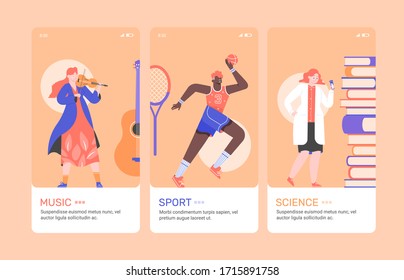 Concept design online education onboarding mobile application. Courses and trainings in the smartphone. Watch videos and learn new anywhere. Music, sports, science. Flat vector illustration.