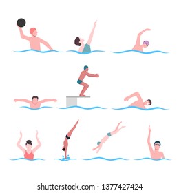 Concept design of people are swimming in the swimming pool. people groups swimming on white background. swimmer are swimming with friend. Flat design of swimmer.