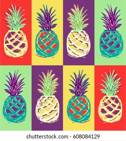 Concept design, pineapple fruit with happy vibrant colors. Vector. Colorful seamless vector pattern with pineapples