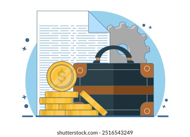 Concept Design Portfolio, Vector Illustration of Briefcase with Documents and Gold Coins. Business Icon Concept. Flat Cartoon Style Suitable for Landing Web Page, Banner, Sticker, Background.
