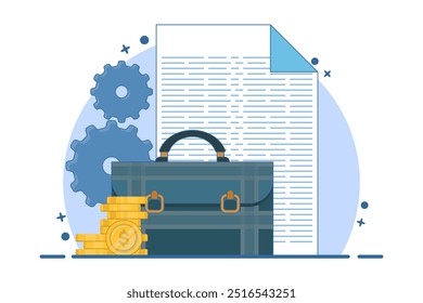 Concept Design Portfolio, Vector Illustration of Briefcase with Documents and Gold Coins. Business Icon Concept. Flat Cartoon Style Suitable for Landing Web Page, Banner, Sticker, Background.