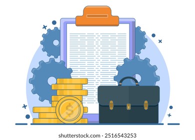 Concept Design Portfolio, Vector Illustration of Briefcase with Documents and Gold Coins. Business Icon Concept. Flat Cartoon Style Suitable for Landing Web Page, Banner, Sticker, Background.