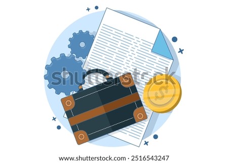 Concept Design Portfolio, Vector Illustration of Briefcase with Documents and Gold Coins. Business Icon Concept. Flat Cartoon Style Suitable for Landing Web Page, Banner, Sticker, Background.