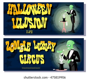 Concept design poster or card for halloween holiday party with cute elegant zombie illusionist drawing in funny cartoon retro style. Vector illustration isolated on white background.