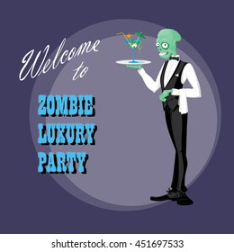 Concept design poster for halloween holiday party with cute elegant zombie drawing in funny cartoon retro style. Vector illustration