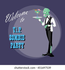 Concept design poster for halloween holiday party with cute elegant zombie drawing in funny cartoon retro style. Vector illustration