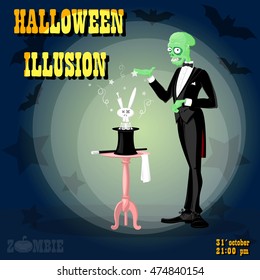 Concept design poster for halloween holiday party with cute elegant zombie illusionist drawing in funny cartoon retro style. Vector illustration