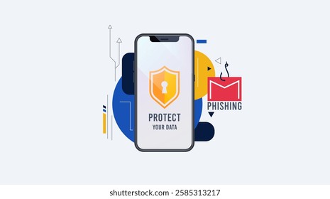 Concept design of protection and defense from cybercrime, Phishing. featuring elements of smart phone, fake message and security shield. Protect your data from phishing. Beware of Phishing
