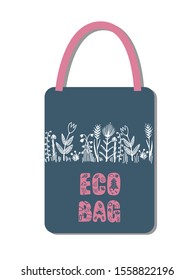 Concept design for reusable shopper. Pink and grey graphic illustration. White silhouettes of flowers, grass on grey background. Square vertical form.
Cotton bag - must have for Eco Friendly people.
