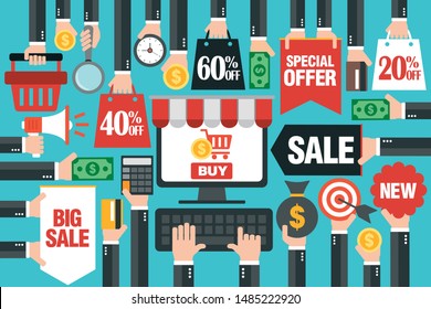 Concept design sale flat, with computer online shopping. Sale 20%, 40%, 60% off.Vector illustration