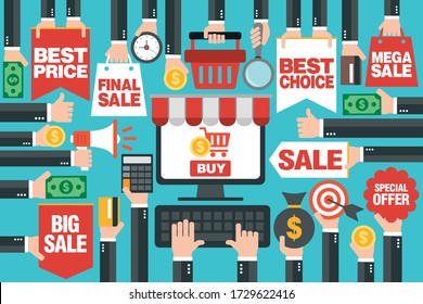 Venta de diseño de concepto plano, con compra en línea por ordenador. Mejor elección, mejor precio. Ilustración del vector