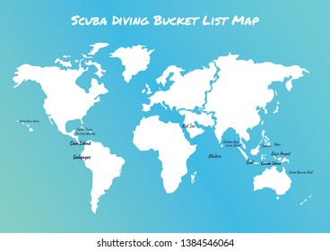 Concept design of scuba diving bucket list place. Map of place that you should visit if you love to dive. Vector