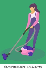 Concept Design Service Cleaning House Company. Housewife Cleans Up At Home With A Vacuum Cleaner. Cartoon Flat Vector Illustration Hand Drawn Poster Banner. Young Woman Girl. Work Vacancy Cleaner