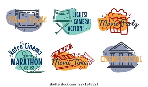 Concept design set for movie time, night and party. Retro cinema marathon and festival logo collection, vector illustration. Graphic branding with line elements, video tape and clapperboard