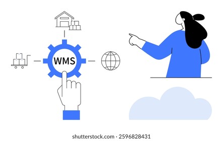 A concept design showing a Warehouse Management System with symbols for warehouses and shipping around a gear icon labeled WMS. A finger presses the WMS gear while a person points right. Ideal for