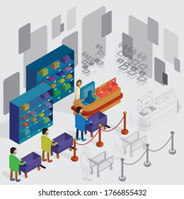 The concept design of Social Distance Vector Illustrators who are queuing in a shop