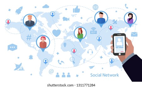 Concept design of social networks in a flat style with a lot of web icons. Mobile phone in hand on world map background with icons of profiles from social network. Vector illustration on white