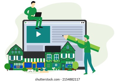 Concept of the design studio is flat design. Developing websites for small local - producers, artisans and shops. Vector illustration showing people