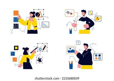 Concept Design studio with people four scenes in the flat cartoon design. Designer work on various tasks and then create cool projects. Vector illustration.