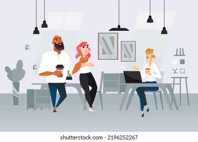 Estudio de diseño conceptual con escenas de personas en el estilo de caricatura de fondo. Los colegas discuten un nuevo proyecto en el estudio de diseño. Ilustración vectorial.