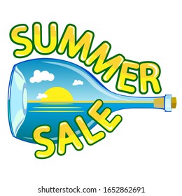 Concept for the design of summer discounts and the beach season. Landscape with sunset in a bottle. Vector illustration
