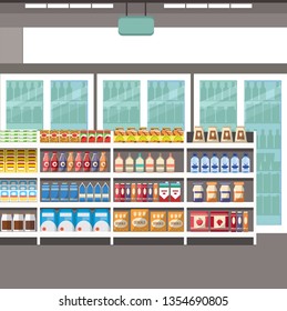 Concept design of supermarket interior with products. vector design of supermarket. supermarket interior with background.