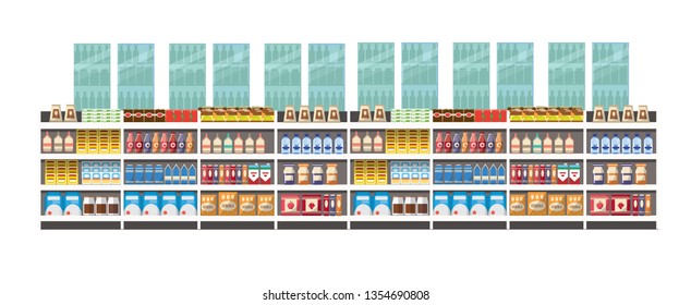 Concept design of supermarket interior with products. vector design of supermarket. supermarket interior with white background.